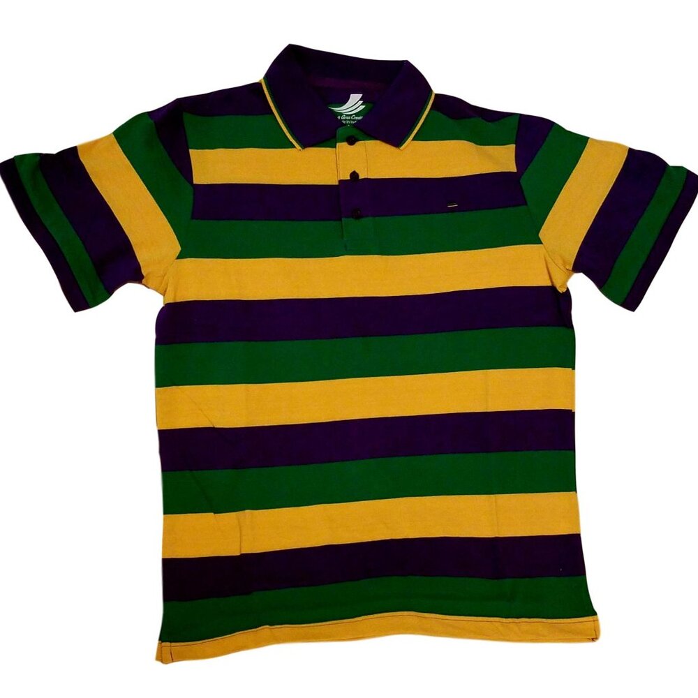 Adult Mardi Gras Polo Stripe Purple Green Yellow Knit Short Sleeve Shirt